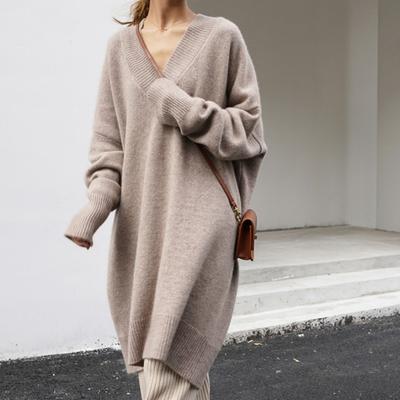 Herbst- und Winter Damen V-Ausschnitt Strickpullover Mittellanger Lockerer Pullover Pulloverkleid