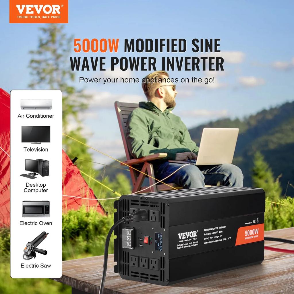 VEVOR Modified Sine Wave Inverter, 5000W, DC 12V to AC 230V Power Inverter with 2 AC Outlets 2 USB Port 1 Type-C Port