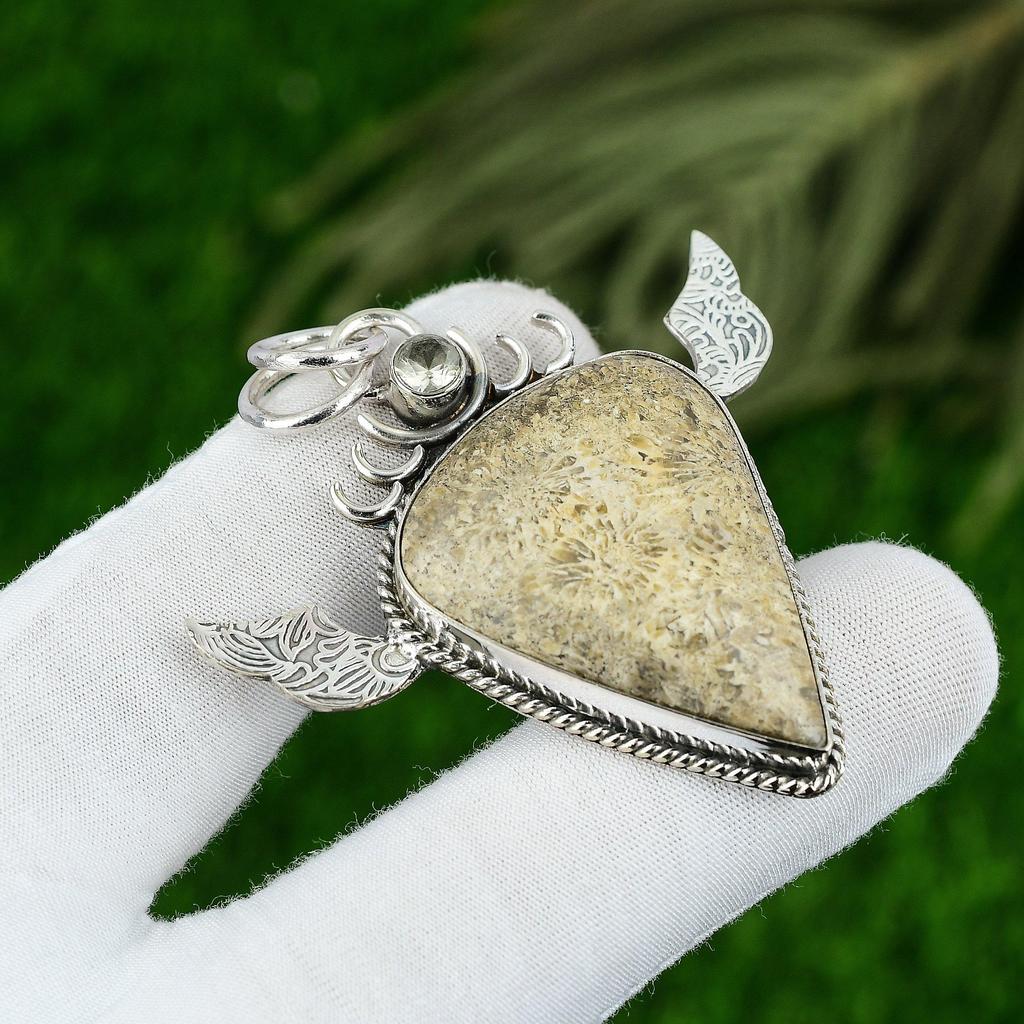 Natural Fossil Coral Topaz 925 Silver Bezel Anniversary Birthday Pendant Jewelry