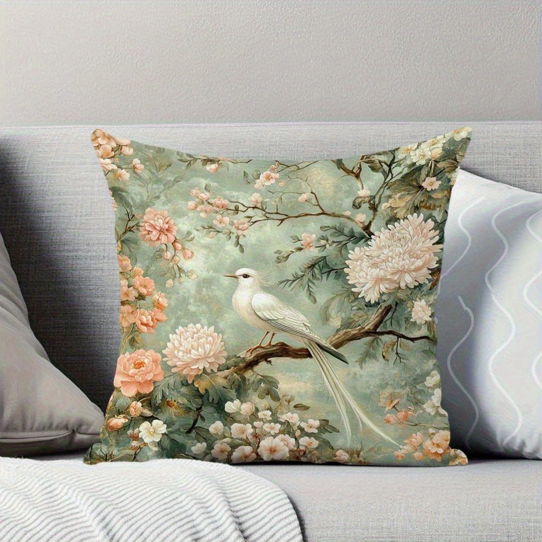Vintage Chinoiserie Vogel Bloemen Kussenhoes Saliegroen Pioenroos Kussenhoes Oosterse Woondecoratie Cadeau Peach skin 18*18(CM)-1Pcs