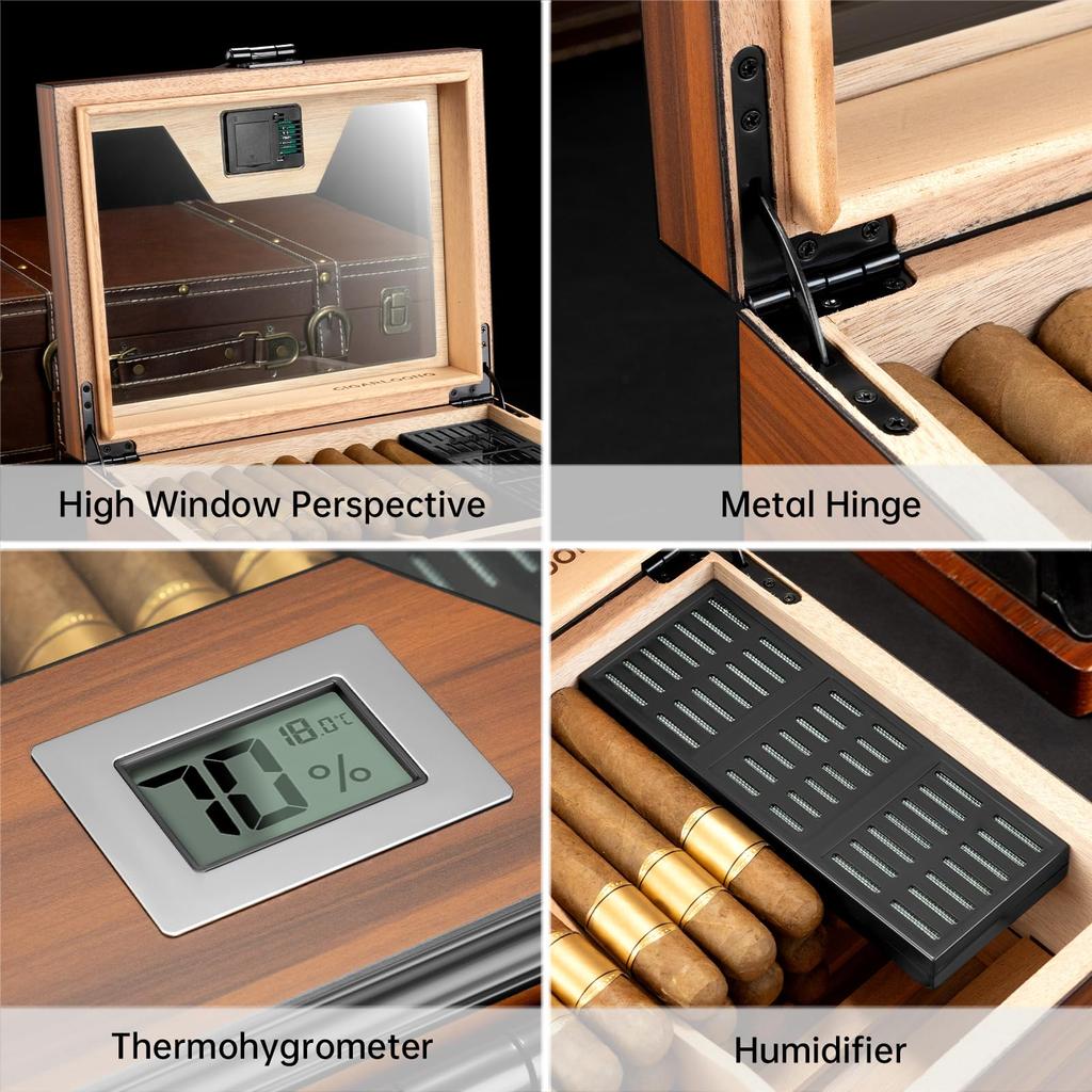 Cedar wood cigar humidor with digital hygrometer and humidifier, safety lock, cigar accessory storage drawer, and sealed humidor box cabinet with