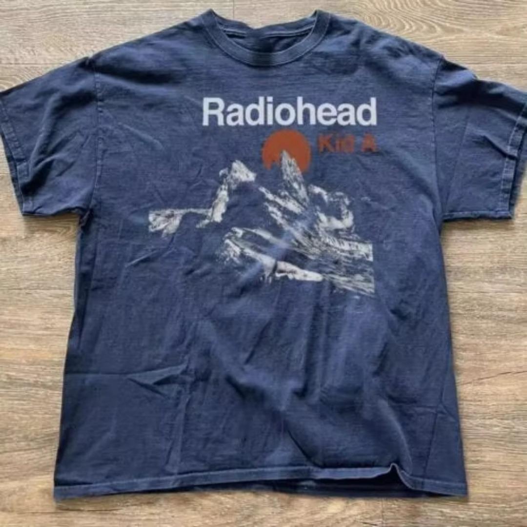 Radiohead Kid A Album Tour Rare Navy Blue TShirt Short Sleeve TShirt Women Same High Quality Unisex Cotton Summer S