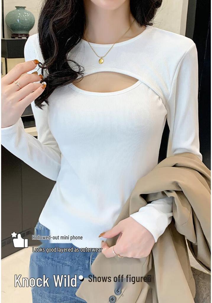 Yiershuang Women's Hollow Design Slim-Fit Long Sleeve T-Shirt