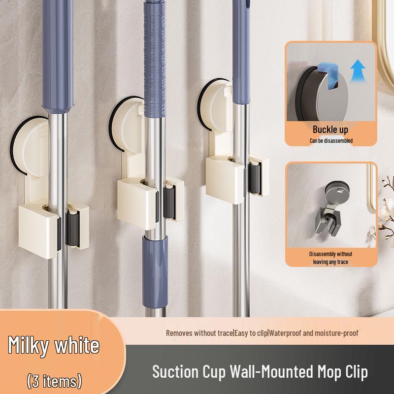 No-Punch Broom & Mop Wall Mount Clip - Suction Cup Hanging Rack for Bathroom/Backdoor Storage