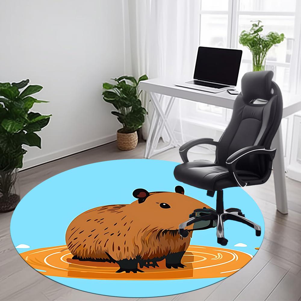 1PC Capybara Water Office Round Area Rug, Mat Suitable For Office, Under Office Chairs Bedroom Living Room Home Decor, Room Deco