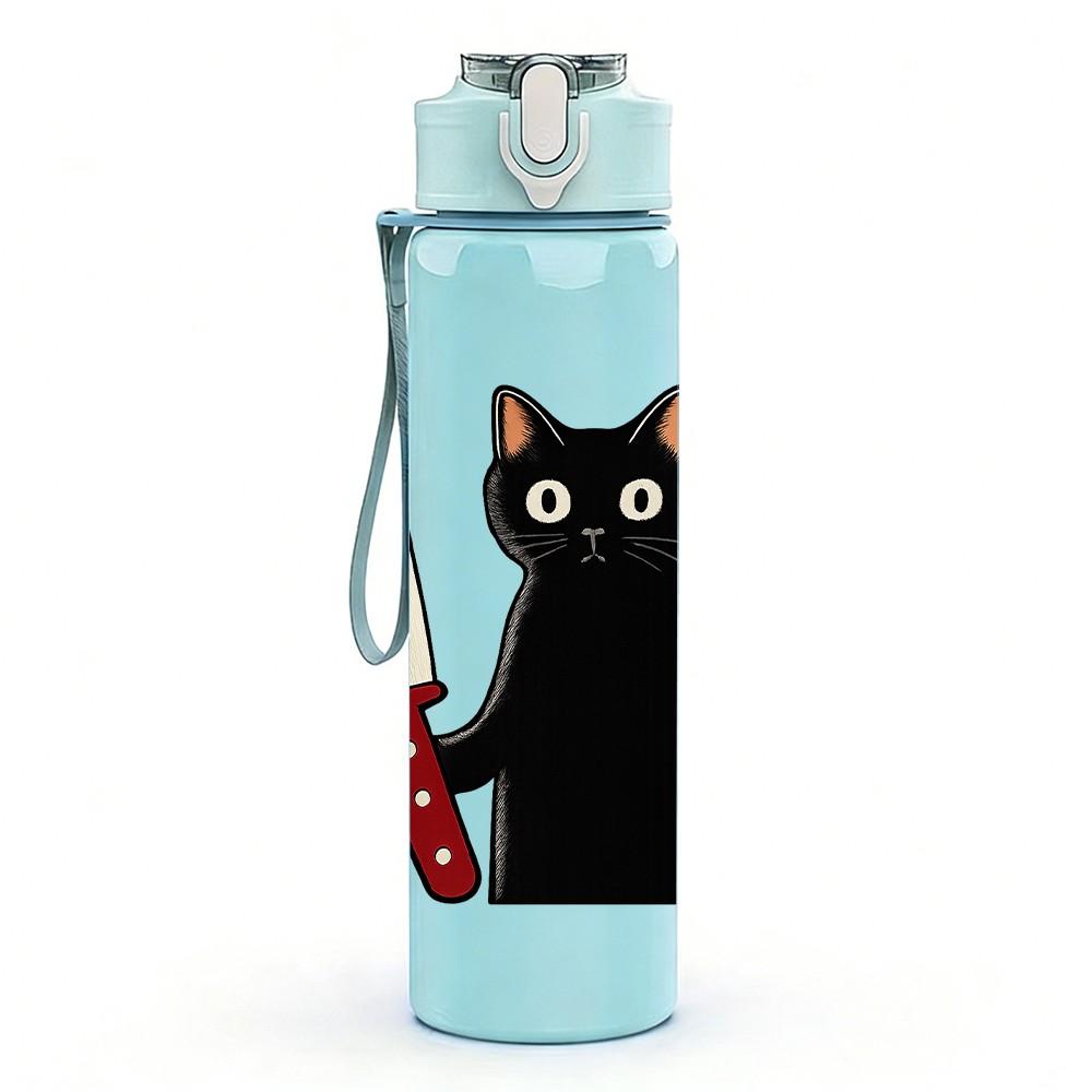 1PC Cat With Kitchen Knife 750ml Color Plastic Sports Water Bottle Leakproof Flip Straw Lid Suitable for Sports Office Home Use