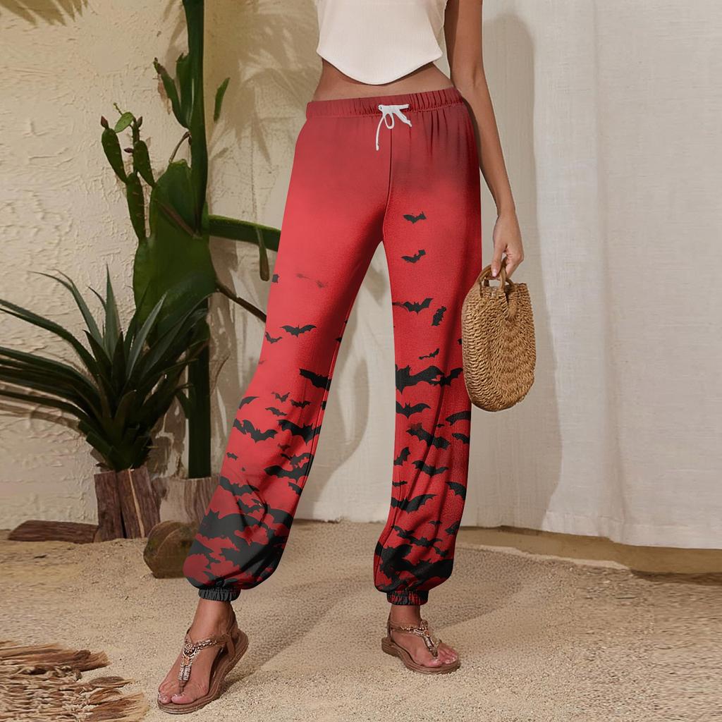 Women's Halloween Print Joggers Sweatpants - Drawstring Elastic Waist Cuffed Casual Pants for Fall Holiday Party