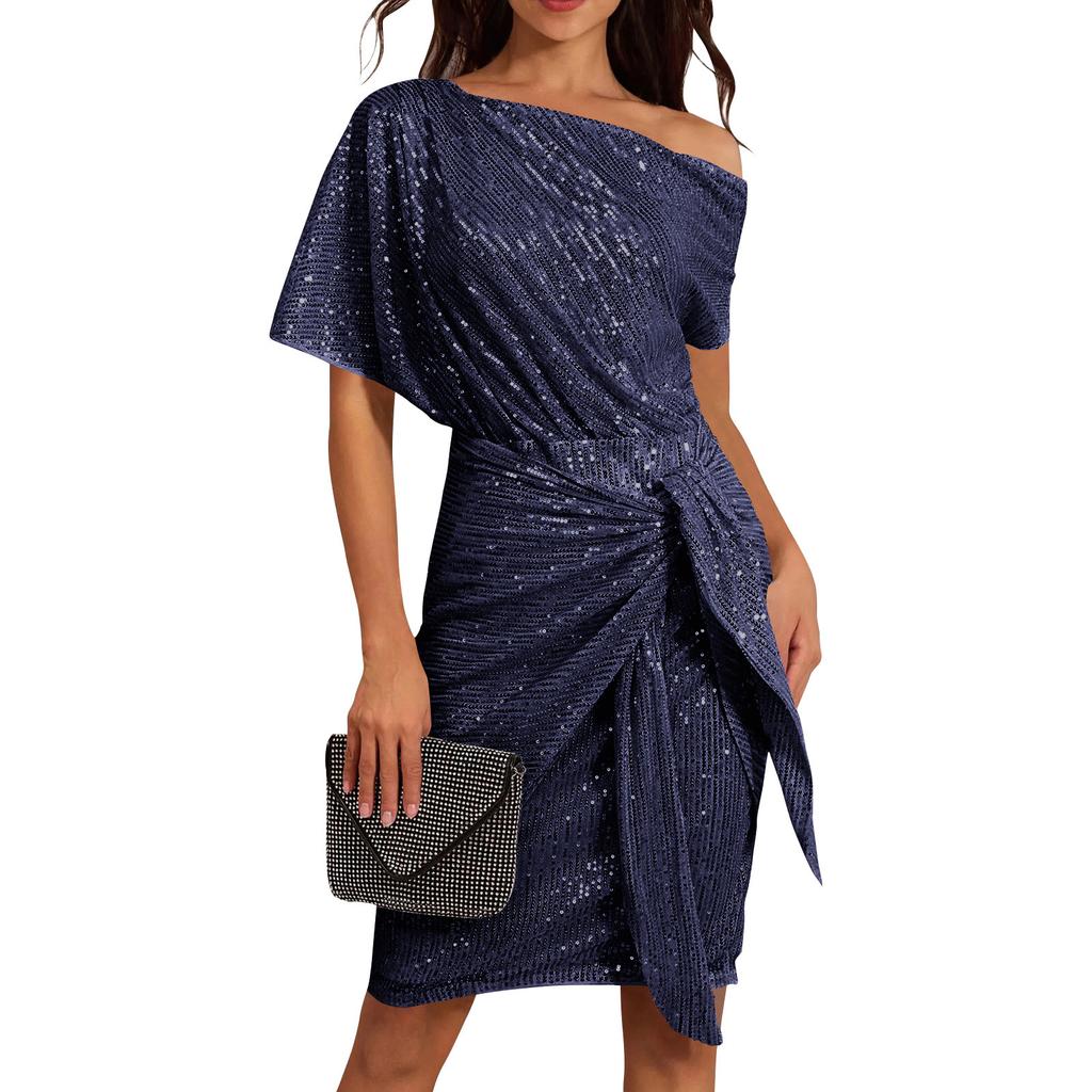 Fashionable Color Glitter Dress With Pleated Shoulder