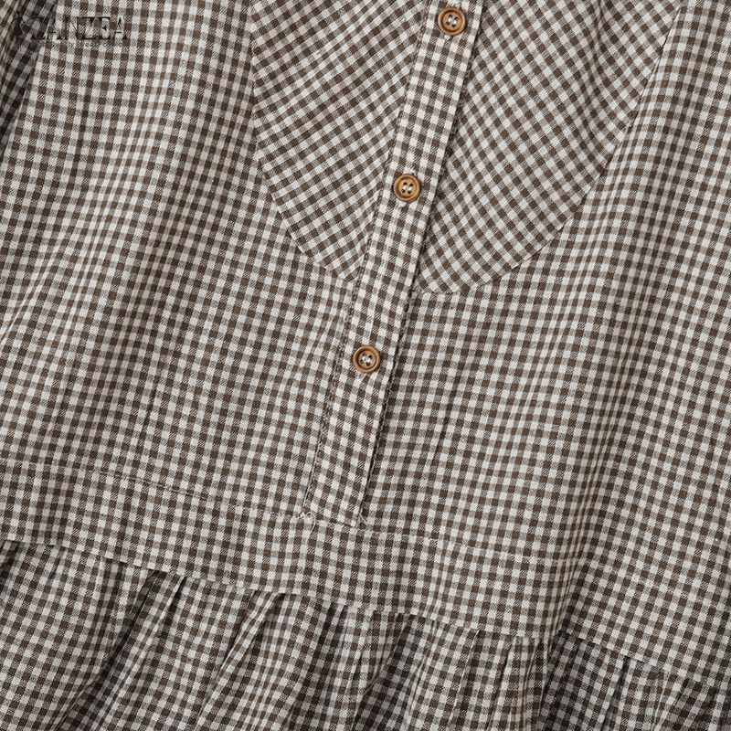 ZANZEA Dámská ležérní halenka s límečkem, kostkovaným potiskem, volným střihem a dlouhým rukávem