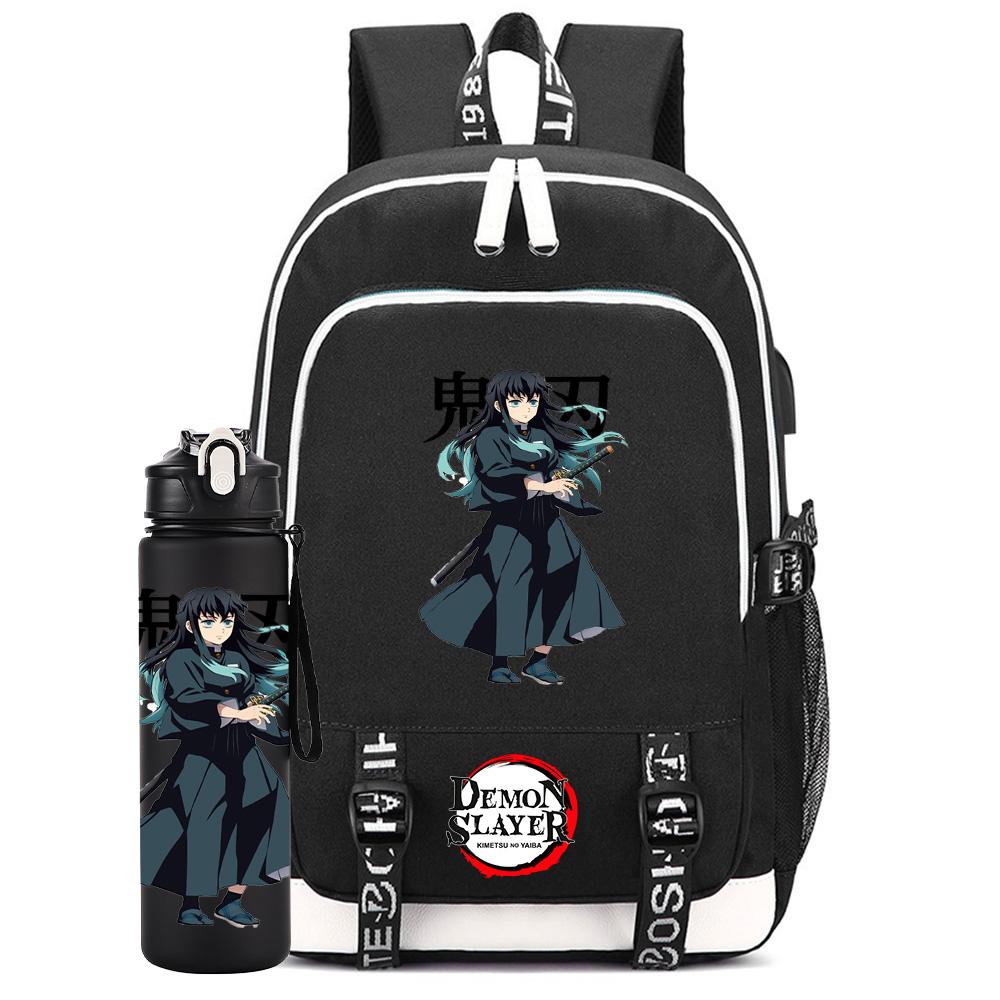 2Pcs/set Anime Demon Slayer Printed Backpack Large Capacity Waterproof Bookbag With 750ml Water Bottler Laptop Student Boy Girl Bookbag Gift