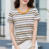 Women Multicolor Horizontal Stripe Crew Neck Short Sleeve Casual T Shirt