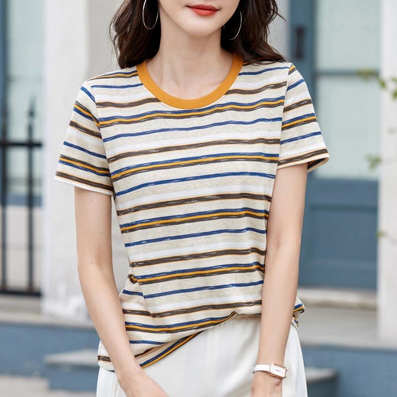 Women Multicolor Horizontal Stripe Crew Neck Short Sleeve Casual T Shirt