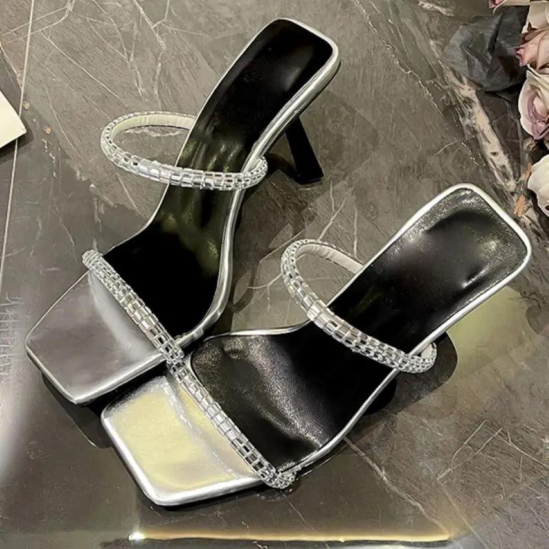 Fashion Eilyken Summer Hollow Out Crystal Diamond Slippers Women Fashion Square Toe Thin Heels Stripper Sandals Shoes Zapatos De Mujer