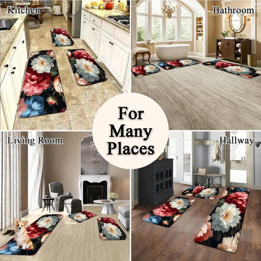 1Pcs Anti Fatigue Kitchen Rugs,   Flowers Print Waterproof Non-Slip Thick Cushioned Kitchen Mat Heavy Duty Comfort Standing Mat for Kitchen