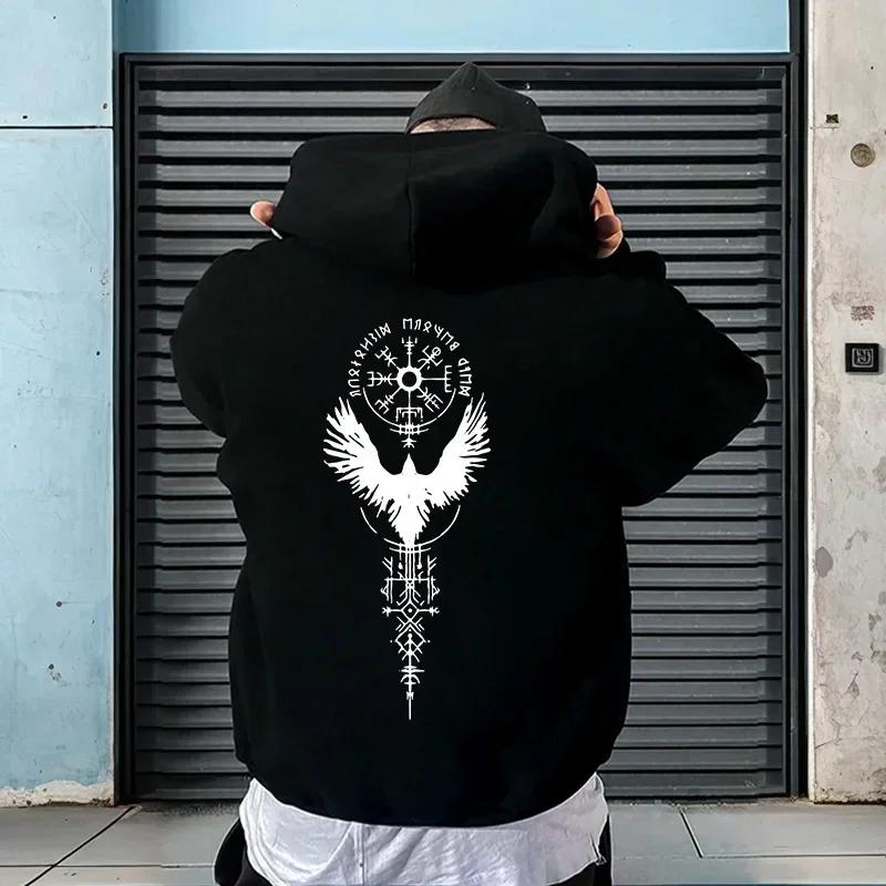 2025 New Arrival Men's Pure Color Hoodie High Quality Ancient Viking Raven Pattern Sweatshirt Autumn Winter Casual Sporty Coats
