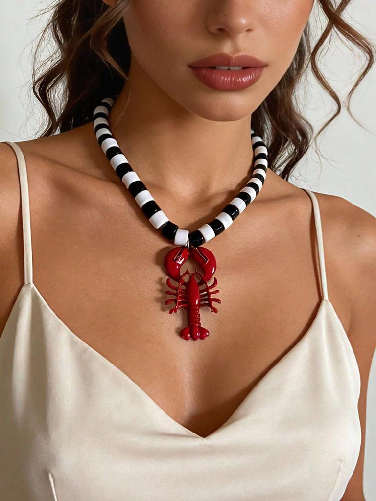 1pc Fashionable Beaded Lobster Pendant Necklace, Versatile Beach Vacation Style