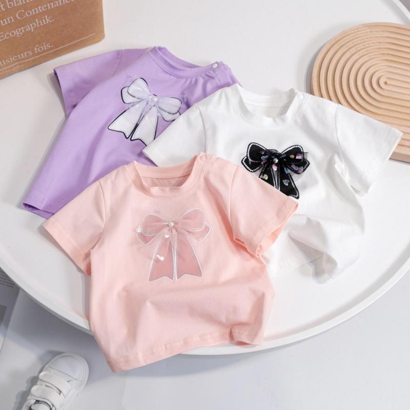 Girls Summer Thin Short Sleeved Candy Colored Simple Cotton Mesh Bow Children's Short Sleeved Sweet T-shirts Baby Princess Tops