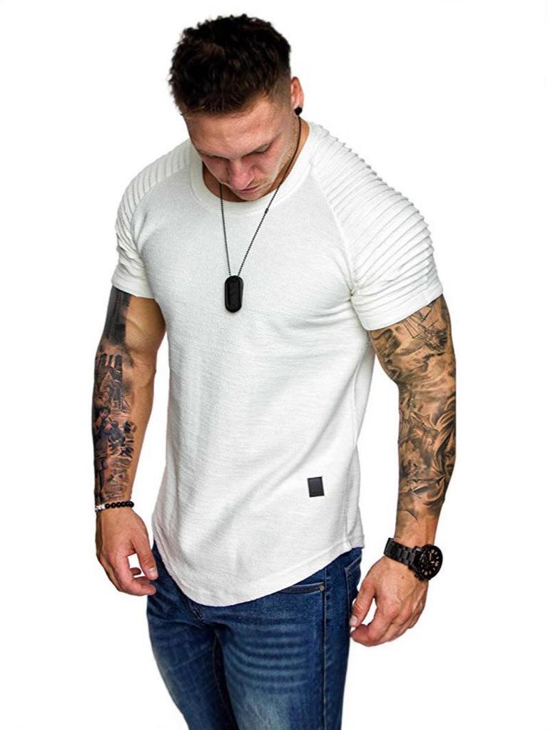 Herren Slim-Fit Plissiertes Rundhals Raglan Kurzarm T-Shirt