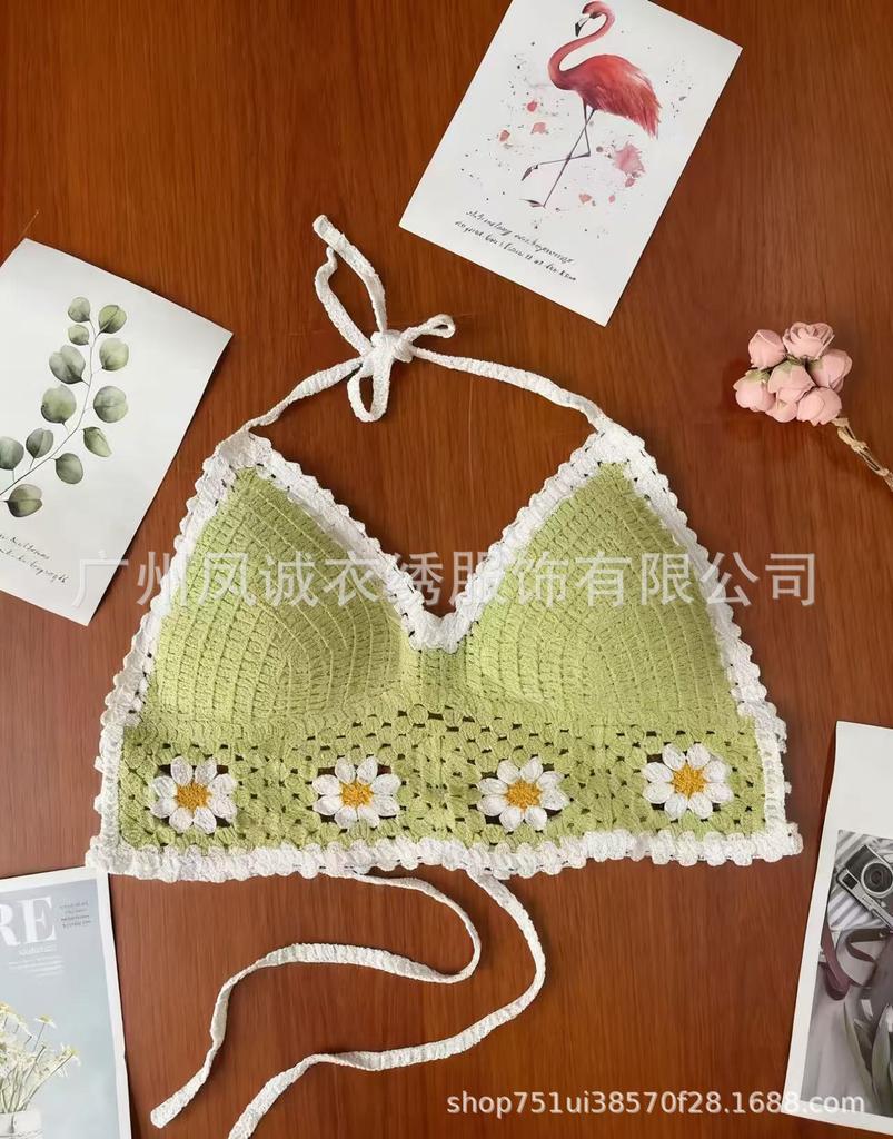 Summer new careful machine sexy backless seaside vacation neck knitted short outerwear top sling vest