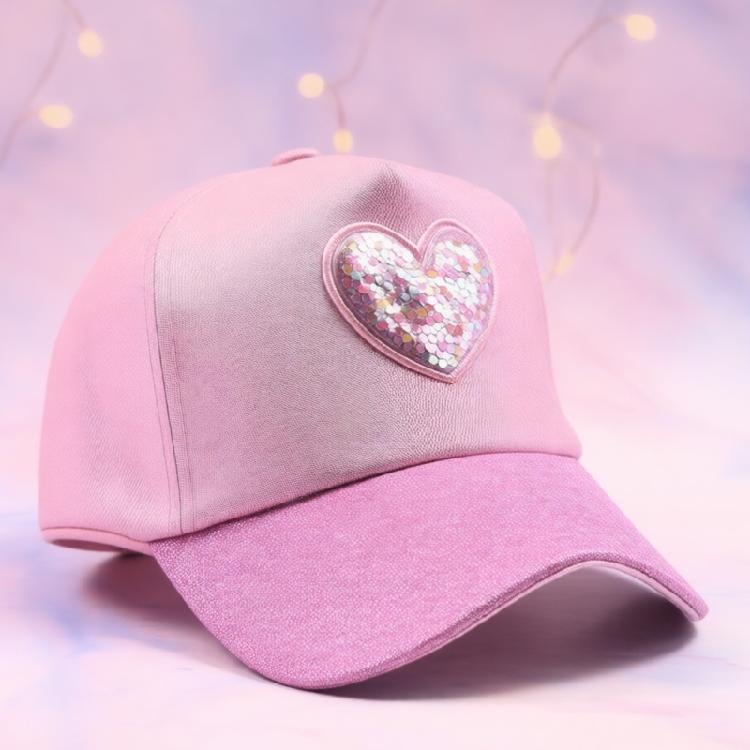 Cute Sparkles Heart Patterned Baseball Cap For Kids Soft Polyester Fabric Sun Hat With Comfortable Elastic Band