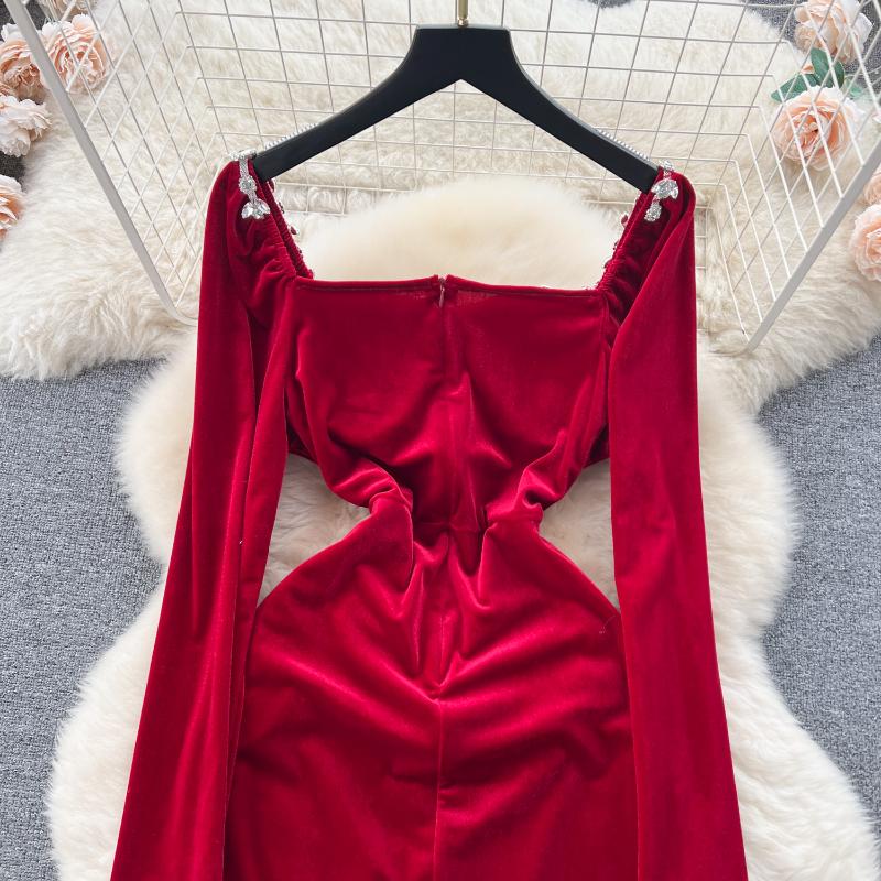 Elegant Square Neck Velvet Split Dress Women Solid Long Sleeve Chic Vintage Clothes Female Korean Fashion Ceremonial Midi Dresses 2024