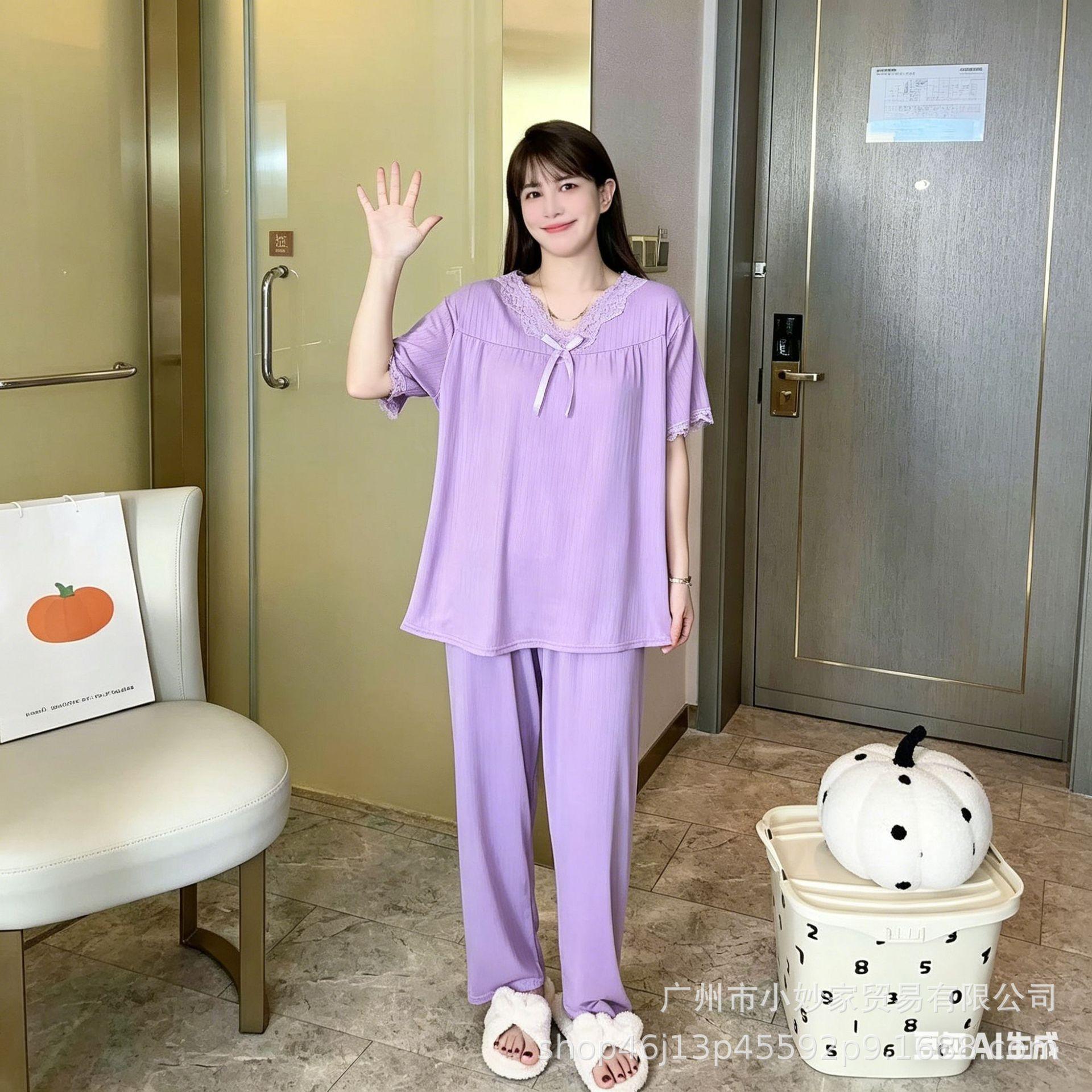 

Pajamas imitation cotton short-sleeved trousers set lace bow sweet loungewear One size fits all фиолетовый