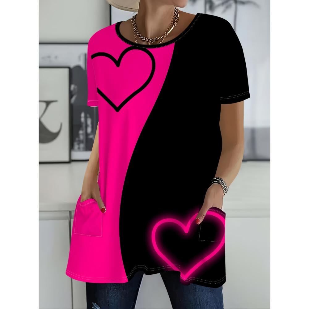 Women's Heart Print Short Sleeve Top Round Neck Loose Fit Blouse Tee Suitable for Summer Casual Top