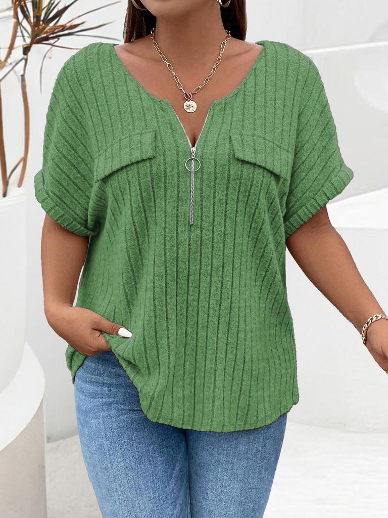 New solid color plus size women's blouse zipper short-sleeved fake pocket pullover T-shirt loose