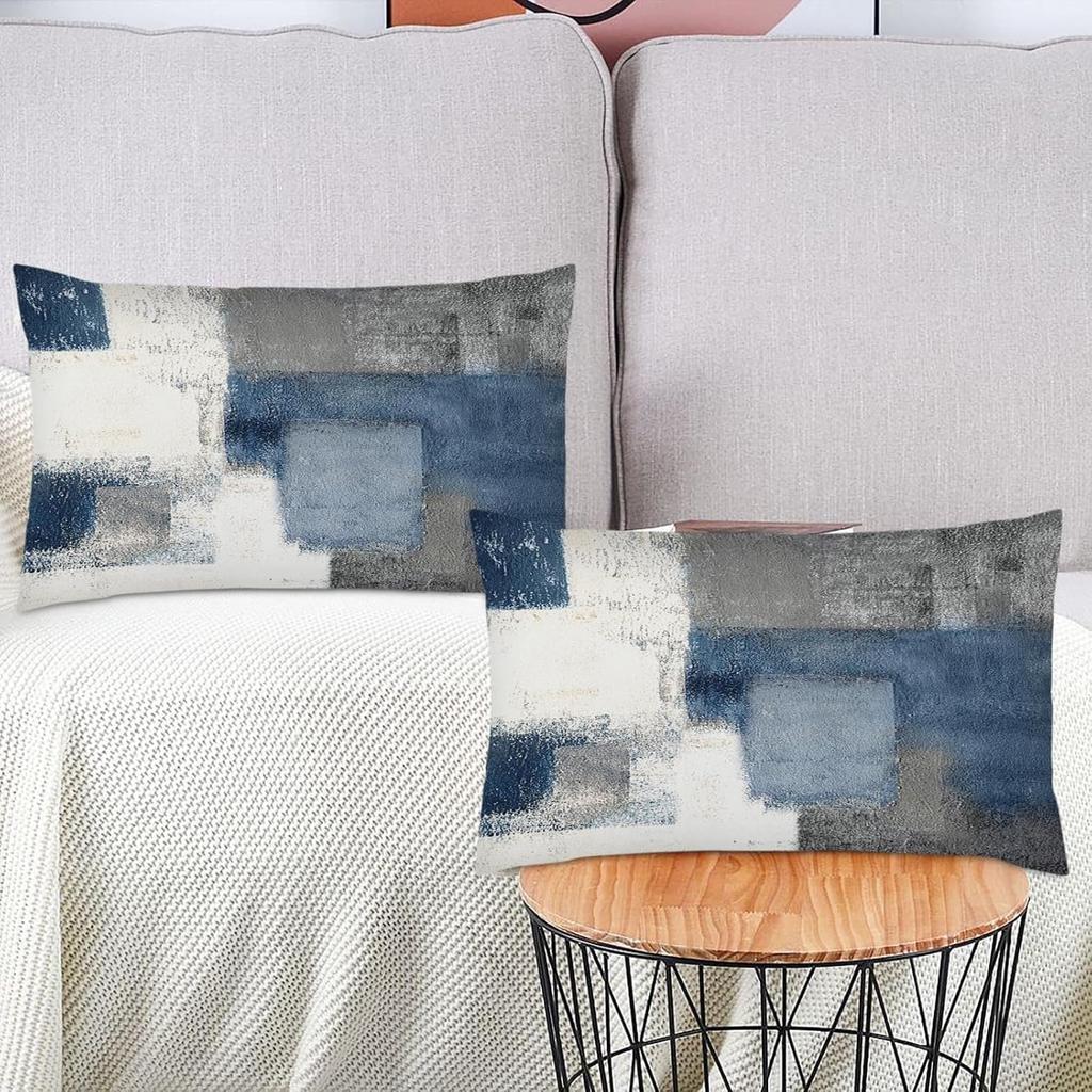2PC Lumbar Decor Throw Pillow Covers Blue and Grey Cushions Rectangle Design Abstract Art Painting Style Modern Contemporary Home Decorative Cushion