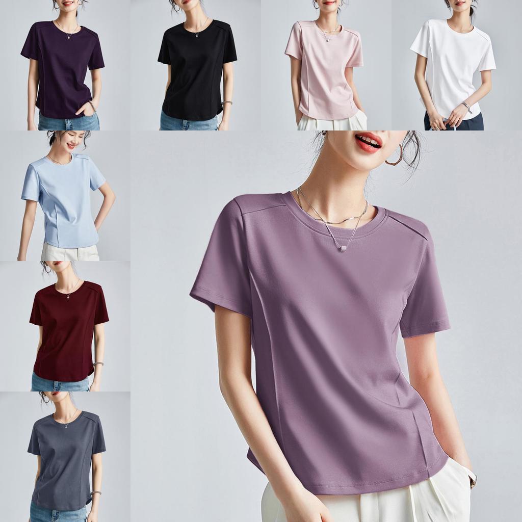 Camiseta de Manga Corta de Algodón y Seda para Mujer con Diseño de Empalme para Estilo Urbano Casual