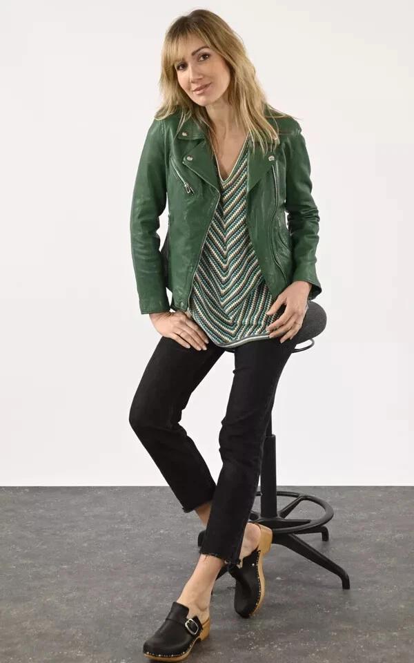 Giacca da donna in vera pelle di agnello da motociclista, biker, elegante, fatta a mano, verde