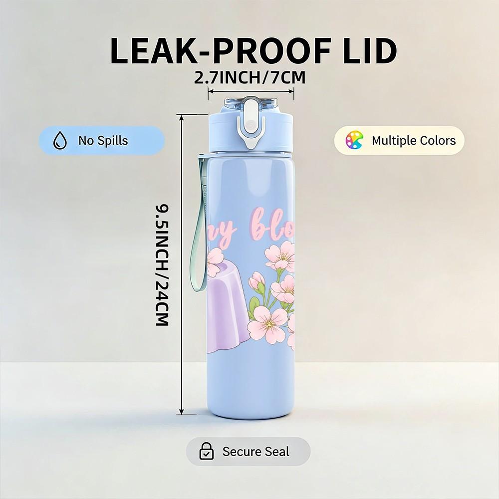 1PC Cherry Blossom Flower Vase Print 750ml Color Plastic Sports Water Bottle Leakproof Flip Straw Lid Suitable for Sports Office Home Use