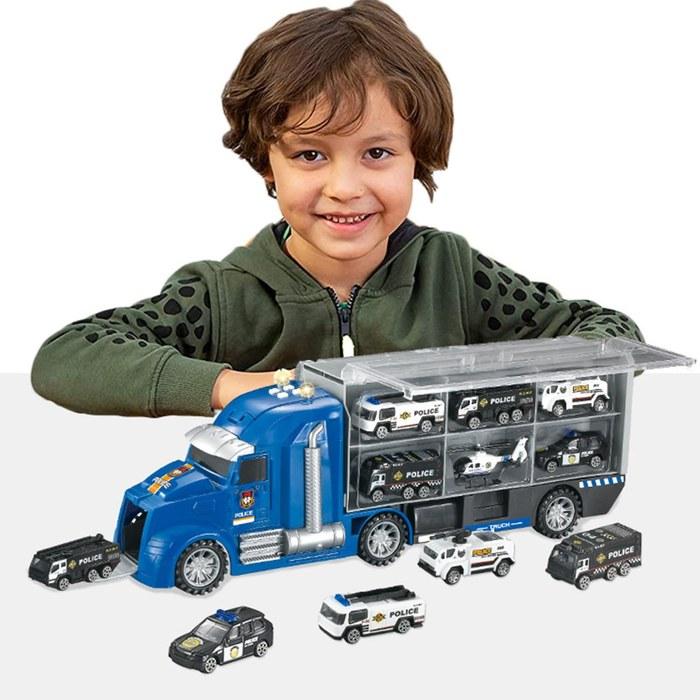 Carecoly Truck Police Vehicle Set - Diecast Car Set with Large Carrier - Alloy Toy Cars with Military Map - Blue
