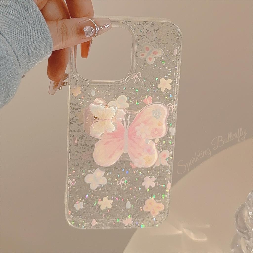 Suitable for Spring and Summer Apple 17pro Max Mobile Phone Case 16 Glitter Powder Iphone14 Butterfly Rotating Bracket 13 Hard