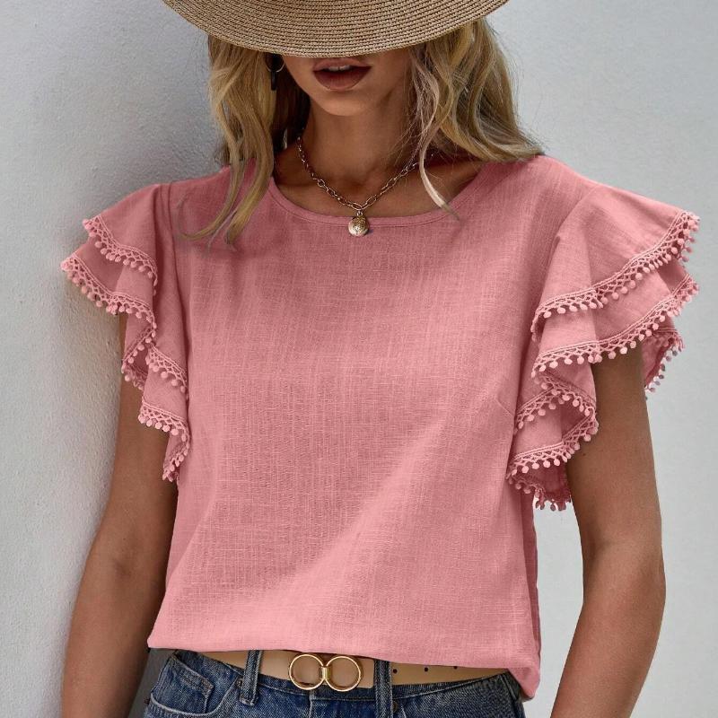 Moda Casual Cuello Redondo Tops de Verano para Mujer Camisas Sueltas Blusa Vintage de Encaje con Borlas y Mangas Volantes Camisa Lisa Elegante de Corte Ajustado para Mujer Nuevo 26424