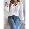 Women's Sweater Fashion Style Casual Autumn Winter New Color Blocking V-Neck Fried Dough Twist Lantern Long Sleeved Sweater