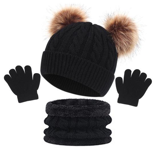 3Pcs/Set Children Hat Scarf Gloves Set Plush Ball Decor Twist Texture Solid Color Knitting Hat Long Scarf Gloves Set