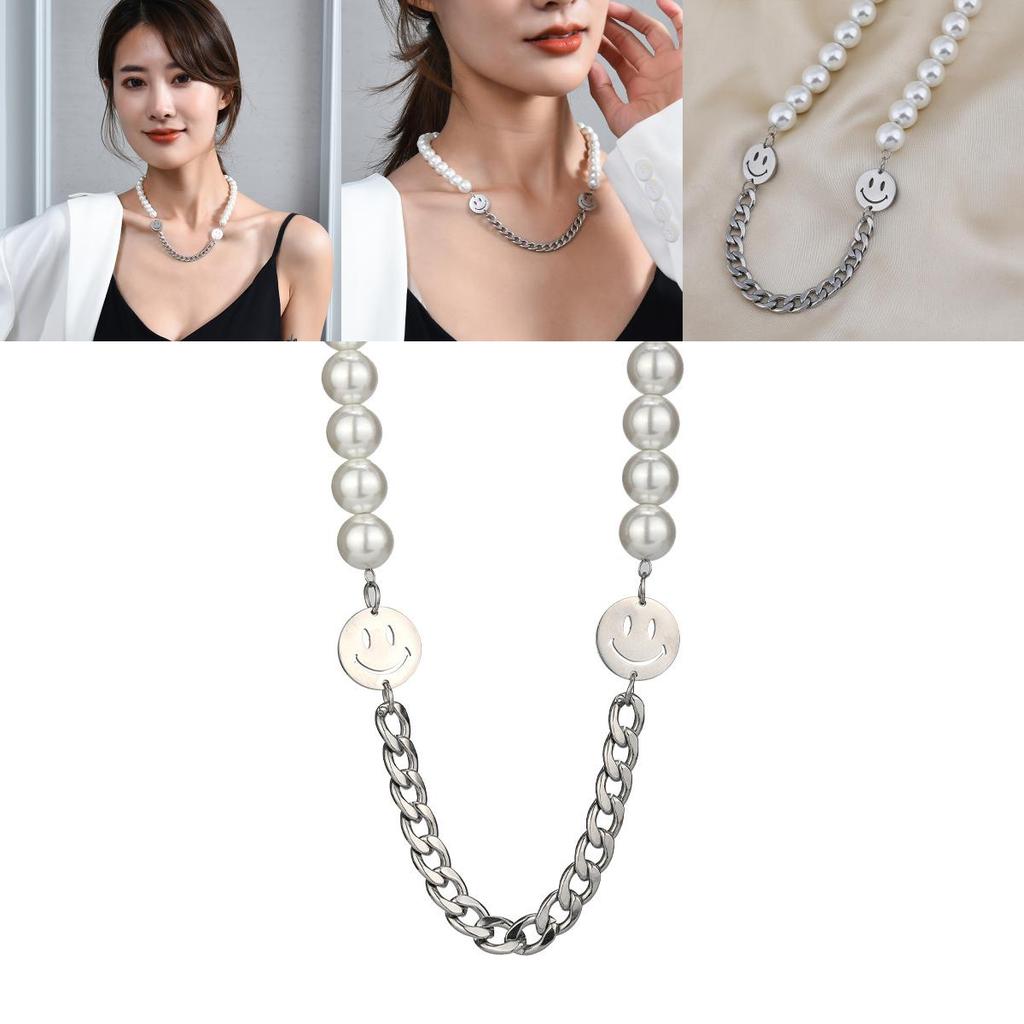 Stylish Titanium Steel Pearl Necklace With Double Smiley Face Design For Men And Women