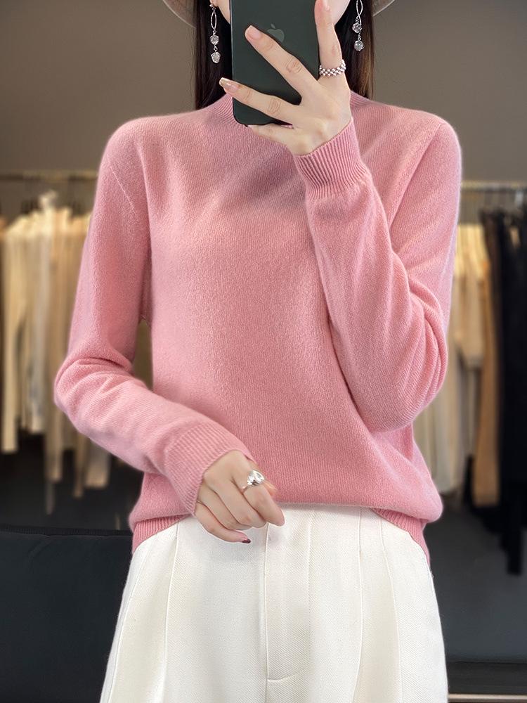 Women's Pure Wool Half-High Neck Sweater - Loose Fit Knitwear for Autumn and Winter