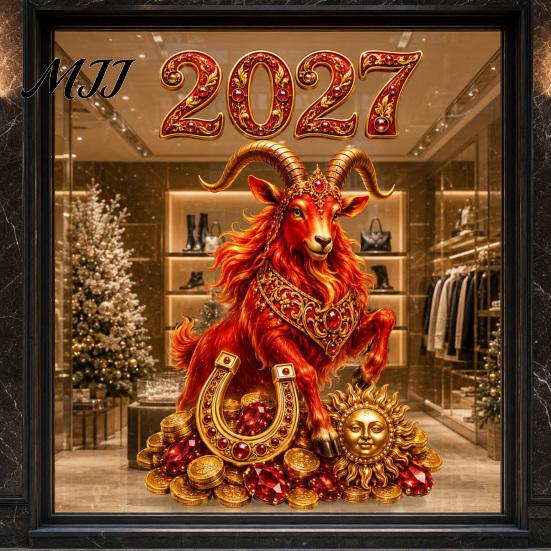 Decorative Home Window Cover 2027 Gemstone Sheep Static Sticker, PVC Waterproof Cling, Removable Electrostatic Adsorption Film Glass Decals for Store