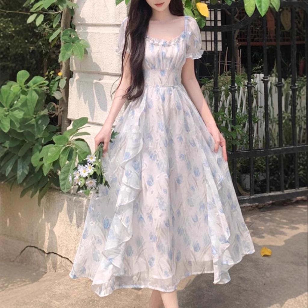 First Love Floral Chiffon Dress - Romantic Square Neck, Elegant Waist-Cinched, Slimming Design, Plus Size Fairy Summer Long Dress for Women