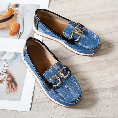 Chaussures plates de mode pour femmes Automne Nouveau Bout rond Denim Bouche profonde Chaîne en métal Antidérapantes Résistantes à l'usure Chaussures basses