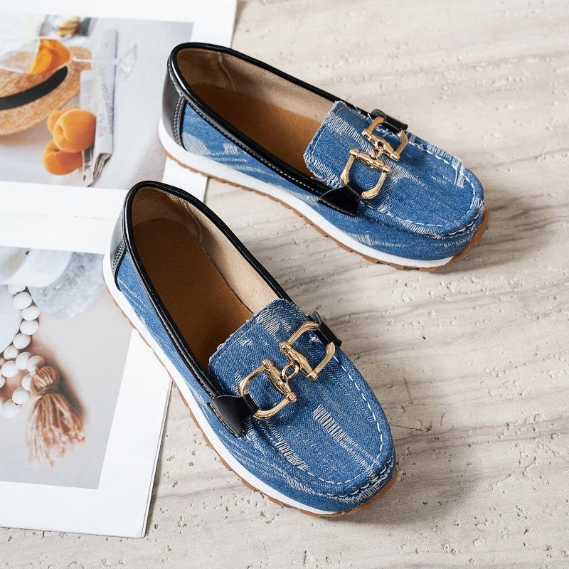 Fashion Women's Fashion Flat Shoes Fall New Round Head Denim Deep Mouth Metal Chain Anti-slip Wear-resistant Low-top Shoes