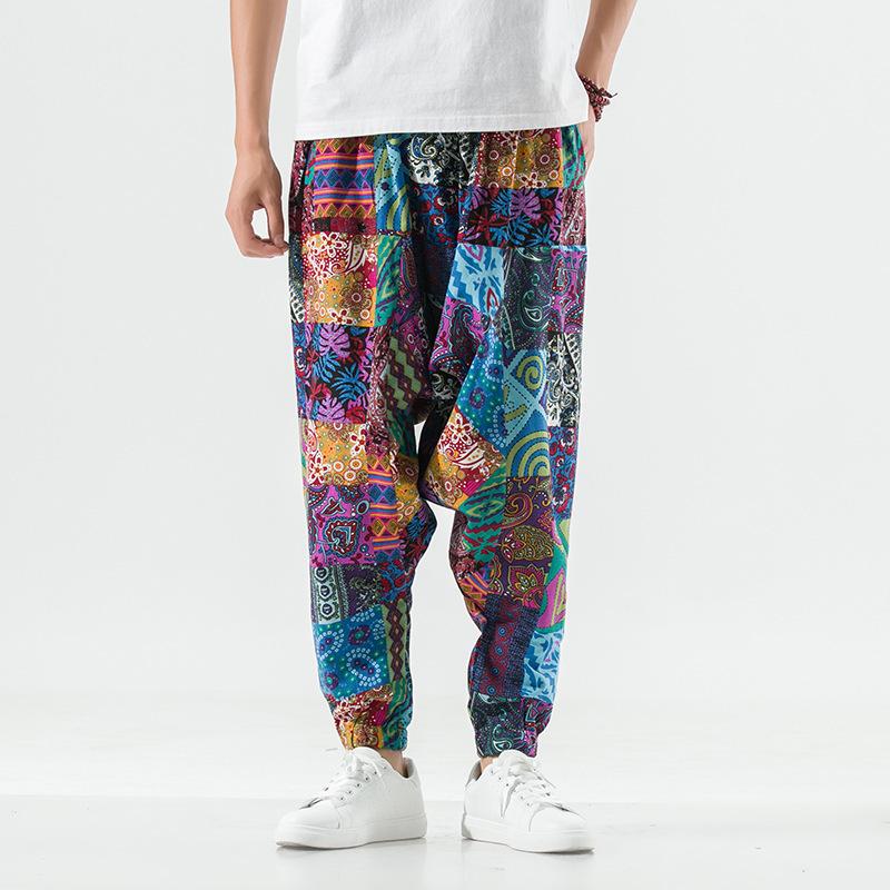 2026 Spring Men's Chinese-Style Cotton Linen Harem Pants - Printed Hip Hop Trousers
