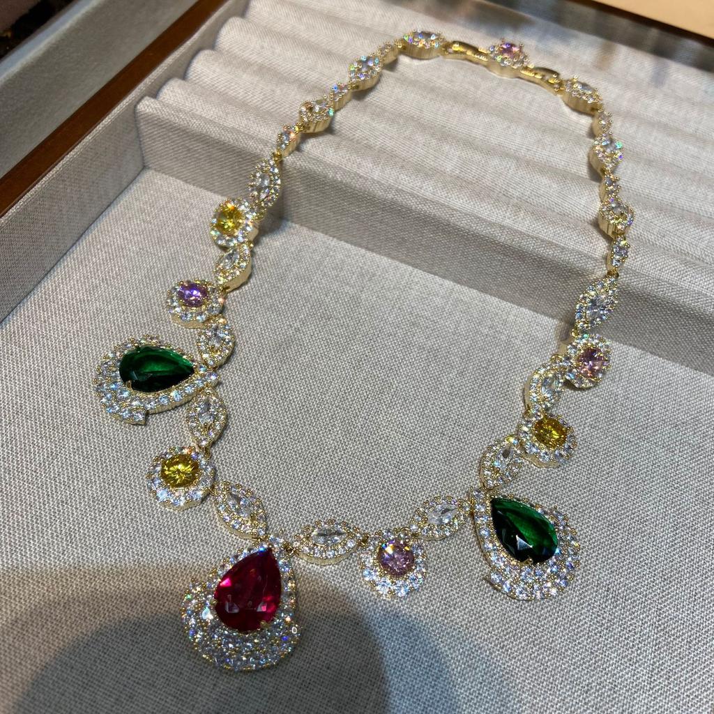 Luxury Internet Celebrity Color Zircon Light Luxury Full Diamond Earrings Women Pendant Necklace Set Jewelry