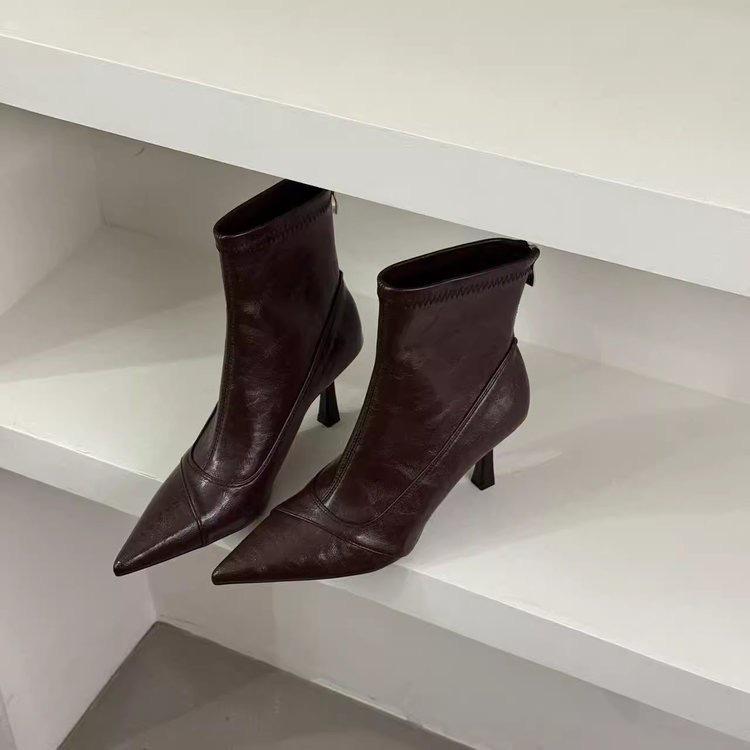 Pointed short boots women's high-heeled thin-heeled rear zipper splicing new autumn and winter fashion elastic thin boots