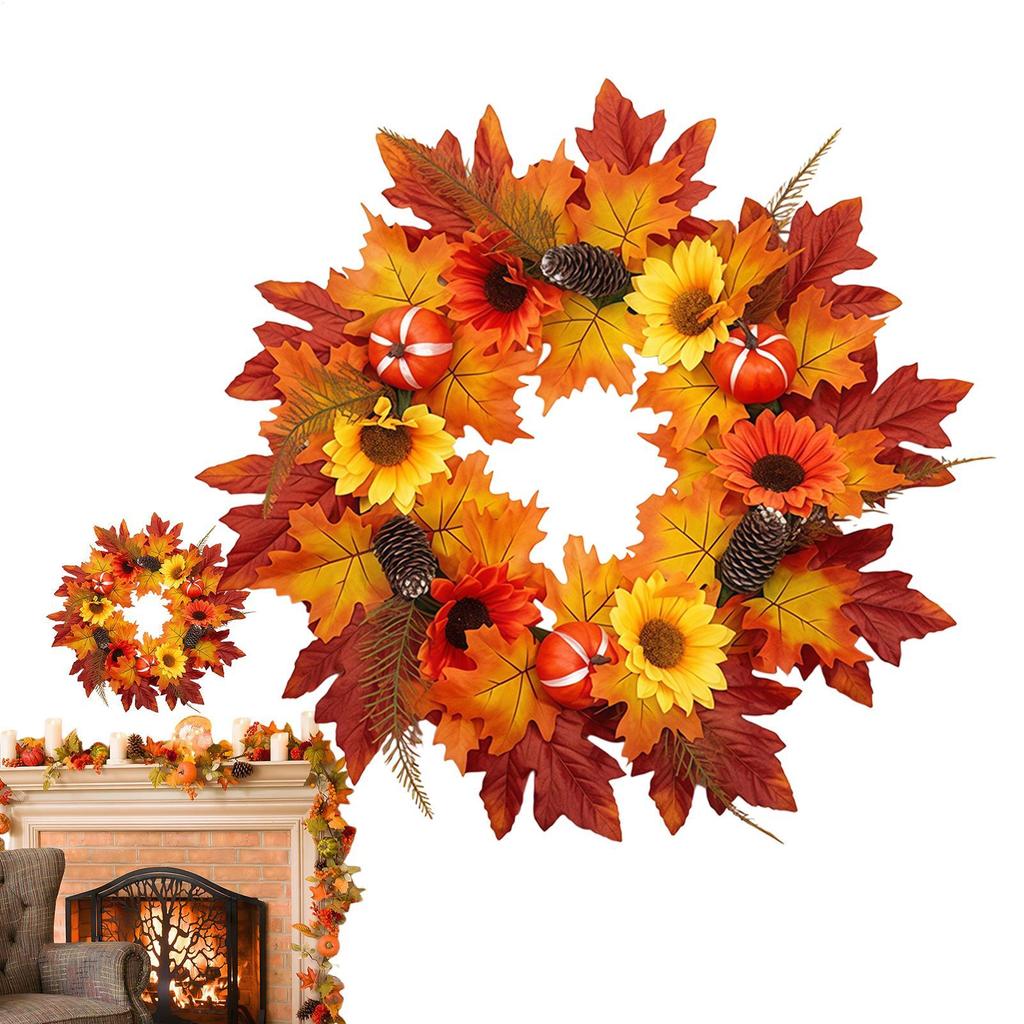 16cm Fall Harvest Halloween Pumpkin Maple Leaves Wreath Autumn Maple Leaves Rustic Style Sunflower Garland Home Decoration