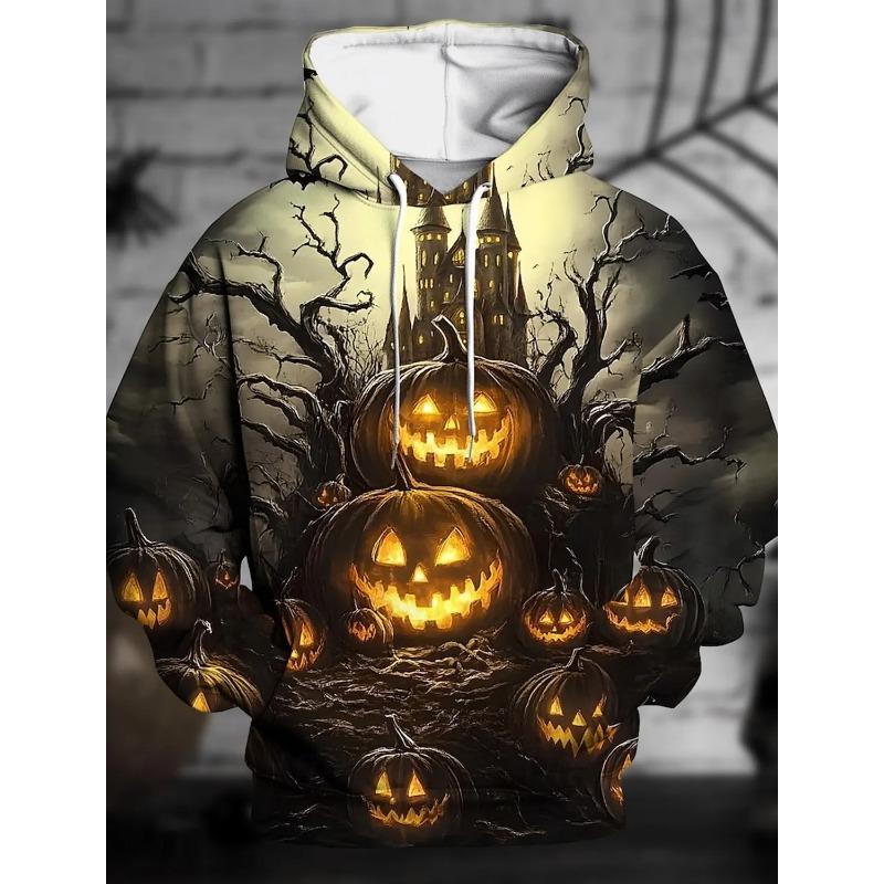 Men Halloween Scary Pumpkin Lantern 3D Print Hoodie Spooky Tree Bat Pullover Sweatshirt Holiday Party Hooded Tops