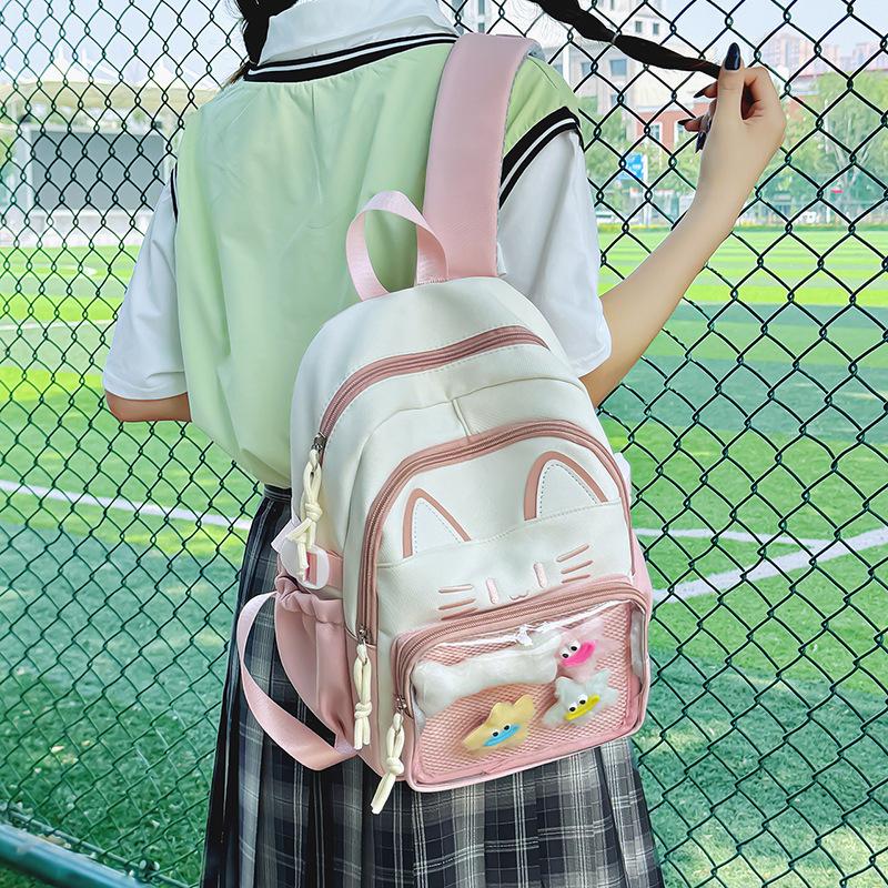 Zaino Gatto Kawaii Ita Bag Grande Capacità Zaino Scolastico in Nylon con Tasca Trasparente per Pin Zaino Anime Carino per Ragazze