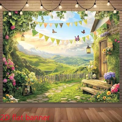 2D Fairy Tale Cottage Garden Photography Background Cloth for Outdoor Parties